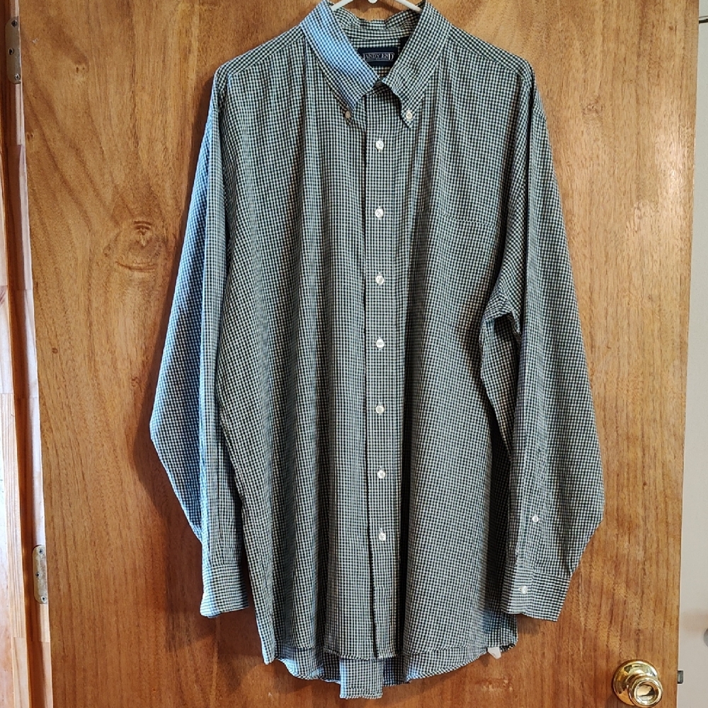 Lands' End Mens Button-Down Shirt Green Cream Micro Plaid 100% Cotton Tall 18-36